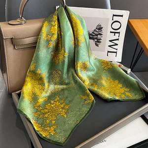 Elegant Square Scarf Neckerchief Pure Mulberry Satin Floral Print Fashionable Shawl Wrap For Women Vintage Style