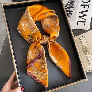 Elegant mulberry silk square scarf with golden peony floral print on mustard yellow fabric
