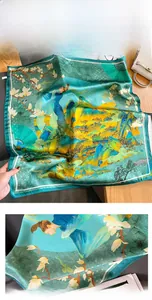 Detail of silk scarf showing Chinese landscape painting print and exquisite hemmed edges