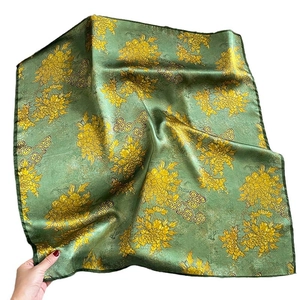 Fashionable green silk square scarf with golden chrysanthemum and cloud patterns