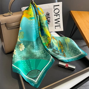 Mulberry Satin Square Scarf Chinese Style Landscape Painting Print Elegant Satin Fashion Neck Wrap For Women
