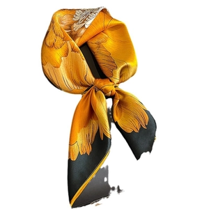 Elegant mustard yellow and black silk square scarf with artistic floral patterns