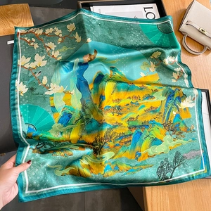 Artistic silk landscape scarf with mountains and magnolia flowers in luxury setting