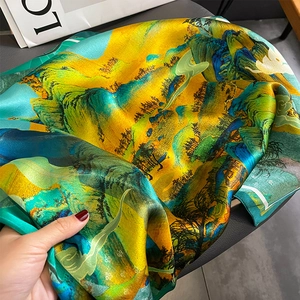 Classic silk square scarf with gold and blue Chinese landscape painting pattern