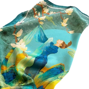 Silk scarf featuring classic oriental art scenery with dancer in blue and green tones
