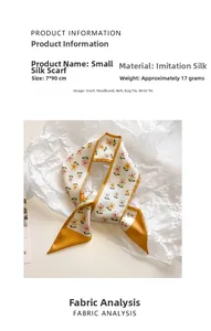 Detail of silk-like ribbon scarf showing mustard yellow edges and floral patterns