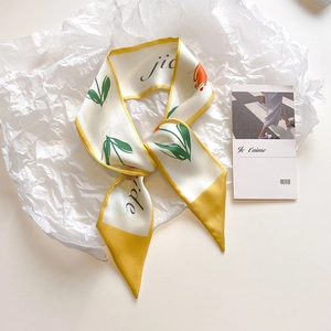 French style floral silk scarf with yellow tulips and elegant script on white paper