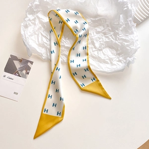 Detail showing the French style silk twilly with blue H-pattern and yellow borders