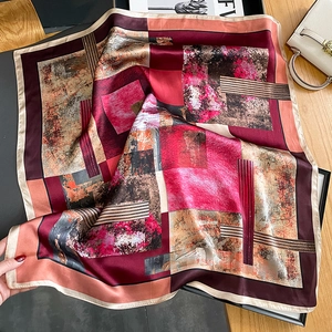Silk satin square scarf featuring abstract oil painting patterns in burgundy and orange