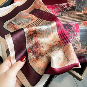 Artistic oil painting silk scarf with burgundy tones and elegant champagne borders