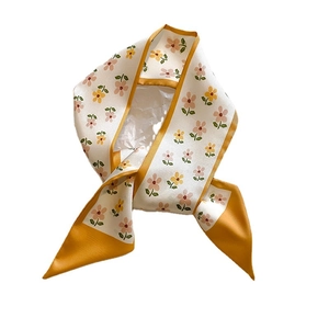 French floral skinny silk scarf with cream and yellow patterns for hair or bag ties