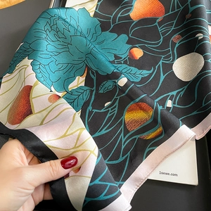 Fashion 53cm silk square scarf featuring dark green peony prints and pink edges