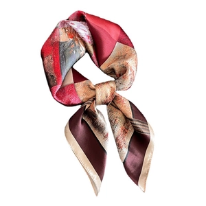 Elegant 70cm silk square scarf featuring abstract oil painting patterns in warm red tones