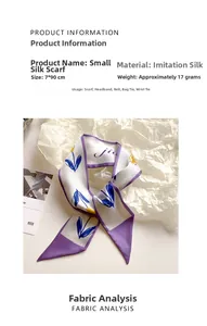 Dettaglio di un foulard in seta bianca 7x90cm con stampe floreali blu e gialle