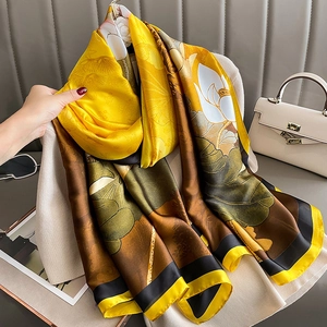Elegant Faux Satin Scarf For Women Large Lotus Floral Pattern Long Shawl Wrap Autumn Winter Fashion Accessories