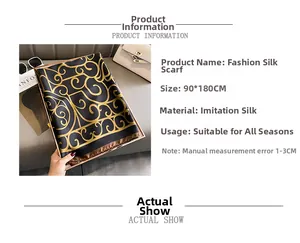 Baroque scroll pattern faux silk scarf 90x180cm shown with stylish lifestyle accessories
