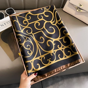 Black and gold baroque silk scarf with vintage patterns and elegant satin finish