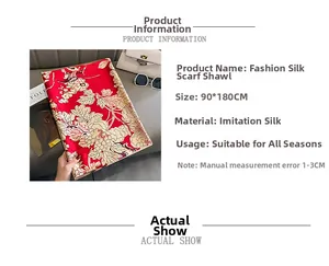 Détail d'un châle en soie rouge à motifs floraux avec dimensions de 90x180 cm et matière