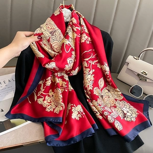 Écharpe Élégante En Fausse Satin Grand Châle Imprimé Floral Léger Bordure Contrastée Doux Foulard De Mode Pour Femmes