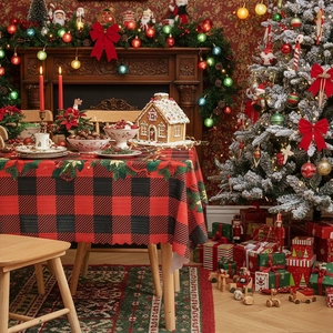 Christmas buffalo plaid tablecloth with evergreen holly leaf and berry prints for dining