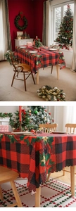 Detail of red buffalo plaid Christmas tablecloth with scalloped edges and floral print