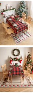 Detail of red and green plaid Christmas tablecloth with festive floral patterns