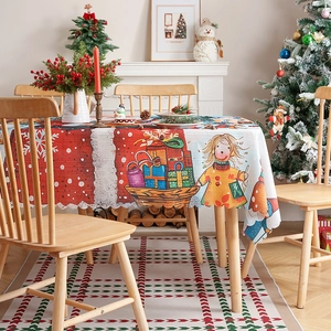 Christmas tablecloth with gift basket prints and scalloped edges for holiday decor