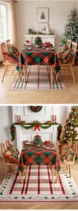 Close-up of red and green plaid tablecloth and festive home decor set for Christmas