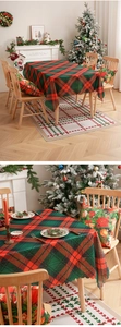 Detail of red and green plaid Christmas tablecloth with decorative scalloped edges
