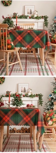 Close-up of classic red and green plaid tablecloth with decorative wavy edges for Christmas