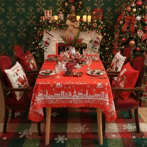 Christmas tablecloth set with red snowflake deer pattern and matching festive cushions