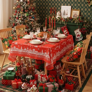Christmas Tablecloth Polyester Rectangular Red Buffalo Plaid Reindeer Snowflake Scalloped Edge Holiday Party Dinner Decor