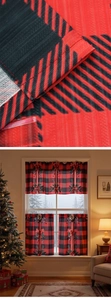Detail of buffalo plaid Christmas kitchen curtain set with festive pine and bow prints