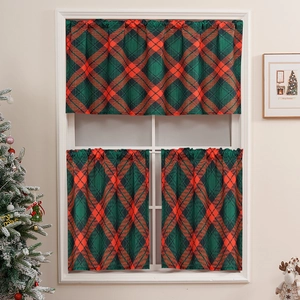 Christmas plaid kitchen curtain set with red and green valance and tiers for small windows