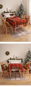 Detail of red and green plaid Christmas tablecloth with decorative wavy scalloped edges