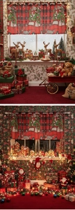 Detail of Christmas cafe curtain with red truck and forest pattern for festive home decor