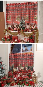 Detail of Christmas short curtain with red plaid, Santa and truck on fireplace