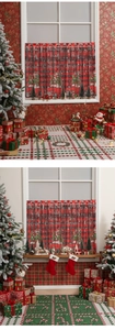 Close-up of Merry Christmas plaid cafe curtain with Santa Claus and red truck print