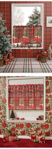 Detail of Christmas snowman short curtain with red truck print and festive lace trim