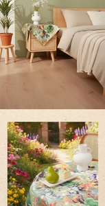 Detailed view of floral oil painting style dust cover on a rustic bedside table and garden table