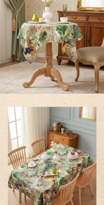 Detail of oil painting floral dust cover cloth on round and rectangular wooden tables