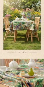 Detail of oil painting floral tablecloth with thick texture in outdoor garden setting