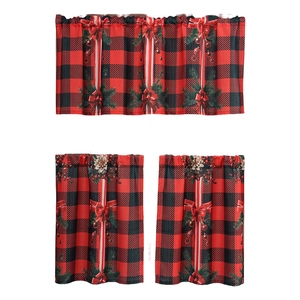 Christmas buffalo plaid curtain set with pine cones and red bows for kitchen windows