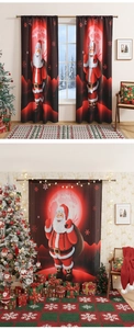 Detail of Christmas curtain featuring Santa Claus with a red moon and snowy mountains
