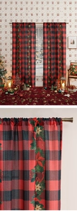 Detail of red buffalo plaid Christmas curtain with poinsettia print and fabric texture
