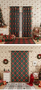 Macro detail of red and green plaid Christmas blackout curtains for festive home decor