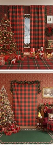 Close-up of thick festive red and green plaid Christmas curtains with holiday home decor