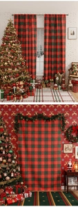 Detailed view of festive red and green tartan Christmas curtains in a warm home setting