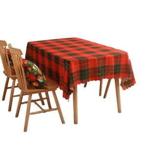 Rectangular Christmas plaid tablecloth with red and green grid and wavy scalloped edges