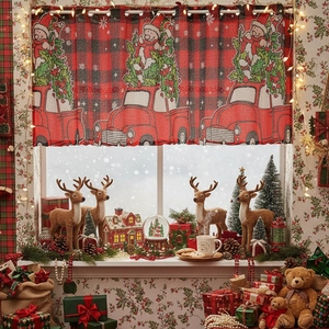 Christmas Buffalo Plaid Valance Curtain Red Truck Christmas Tree Print Rectangle Polyester Coffee Curtain For Home Decor